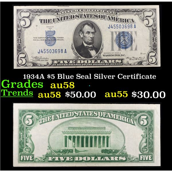 1934A $5 Blue Seal Silver Certificate Grades Choice AU/BU Slider