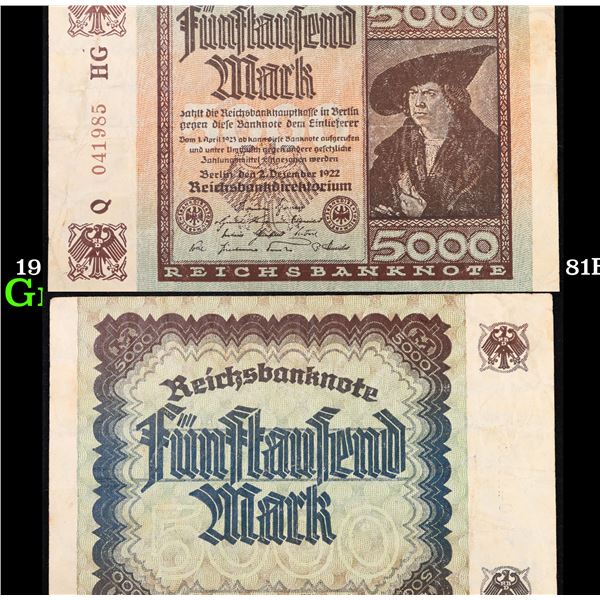 1922 Weimar Germany 5,000 Mark Note P: 81B Grades Choice AU/BU Slider
