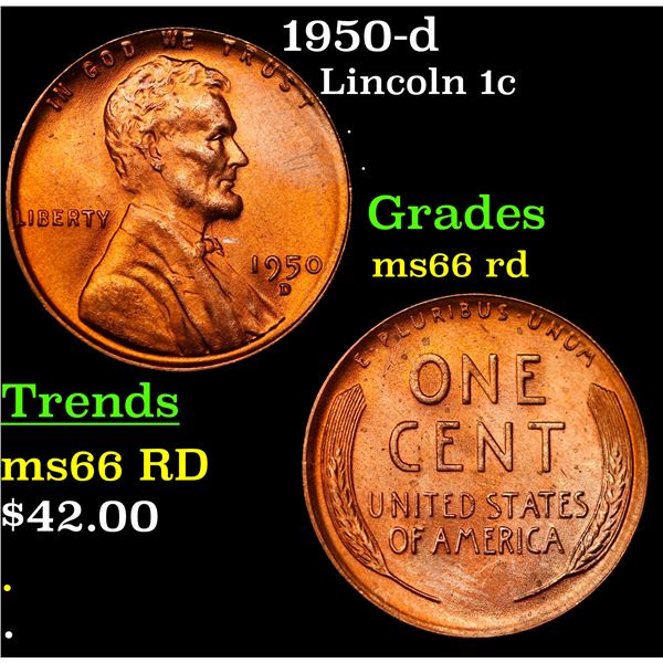 1950-d Lincoln Cent 1c Grades GEM+ Unc RD