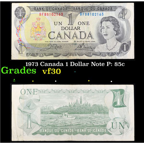 1973 Canada 1 Dollar Note P: 85c Grades vf++
