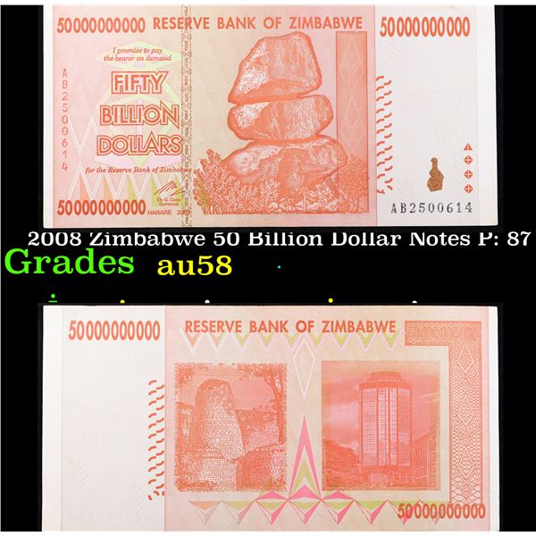 2008 Zimbabwe 50 Billion Dollar Notes P: 87 Grades Choice AU/BU Slider