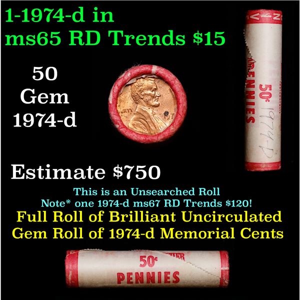 Shotgun Lincoln 1c roll, 1974-d 50 pcs American Fletcher  Wrapper.