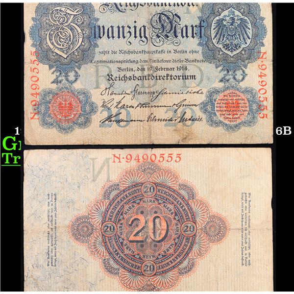 1914 Imperial Germany 20 mark Note P: 46B Grades vf+