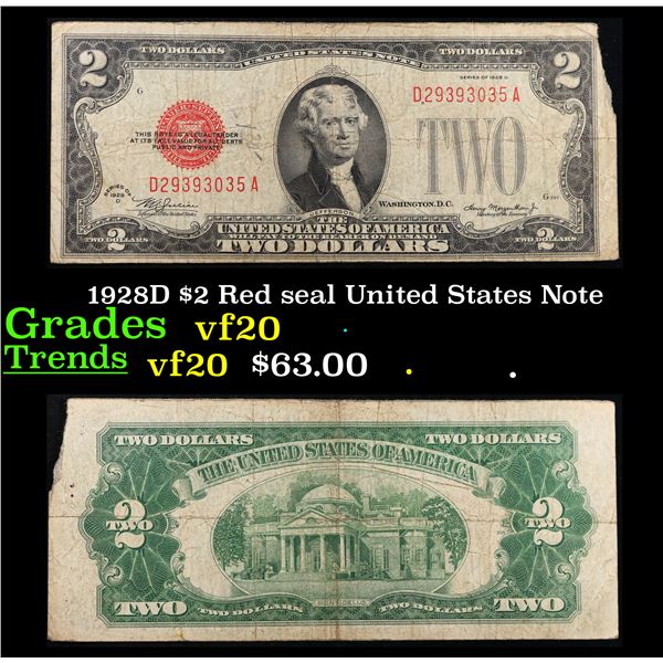 1928D $2 Red seal United States Note Grades vf, very fine