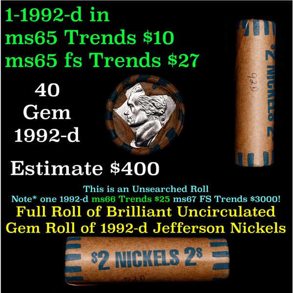 Shotgun Jefferson 5c roll, 1992-d 40 pcs Vintage Nickel Wrapper