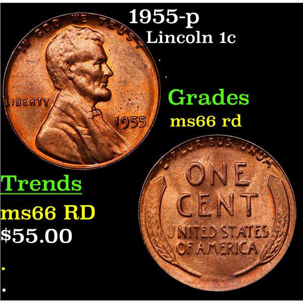 1955-p Lincoln Cent 1c Grades GEM+ Unc RD
