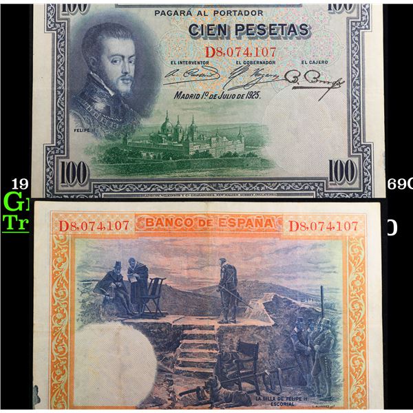 1925 Republican Spain 100 Pesetas Note P: 69C Grades Choice AU/BU Slider