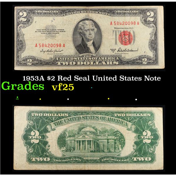 1953A $2 Red Seal United States Note Grades vf+