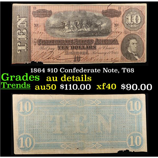 1864 $10 Confederate Note, T68 Grades AU Details