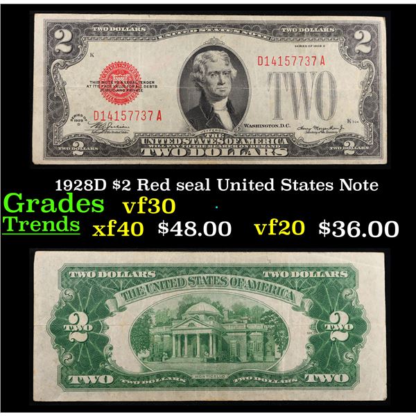 1928D $2 Red seal United States Note Grades vf++