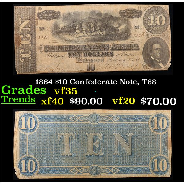 1864 $10 Confederate Note, T68 Grades vf++