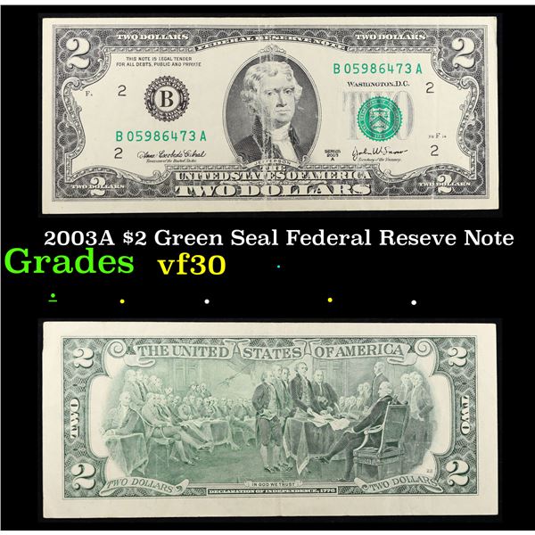 2003A $2 Green Seal Federal Reseve Note Grades vf++