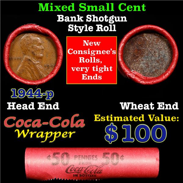 Mixed small cents 1c orig shotgun roll, 1944-p Lincoln Cent, Wheat  Cent other end,Coca Cola Brandt 