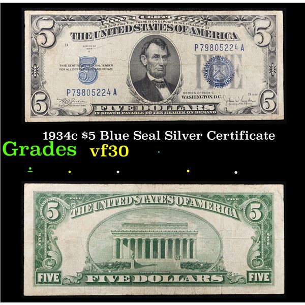 1934c $5 Blue Seal Silver Certificate Grades vf++