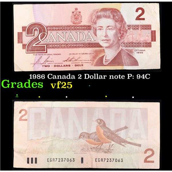 1986 Canada 2 Dollar note P: 94C Grades vf+