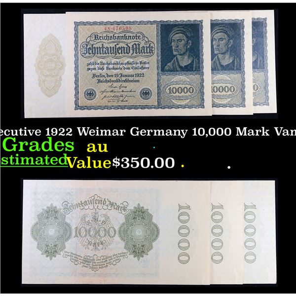 Set of 3 Consecutive 1922 Weimar Germany 10,000 Mark Vampire Note P: 72 Grades au