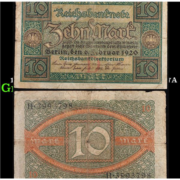 1920 Weimar Germany 10 mark Note P: 67A Grades vf+