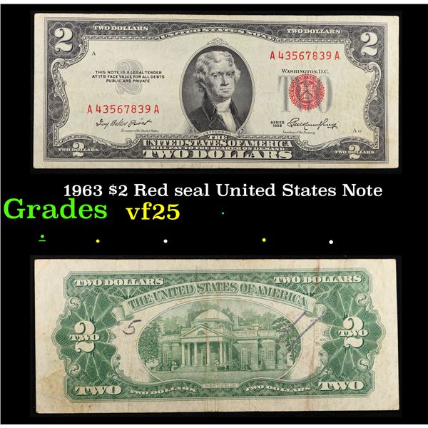 1963 $2 Red seal United States Note Grades vf+