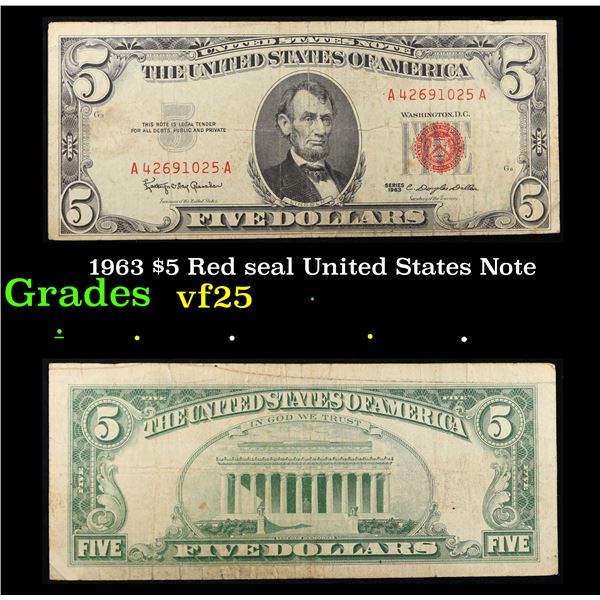 1963 $5 Red seal United States Note Grades vf+