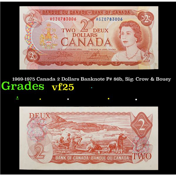 1969-1975 Canada 2 Dollars Banknote P# 86b, Sig. Crow & Bouey Grades vf+