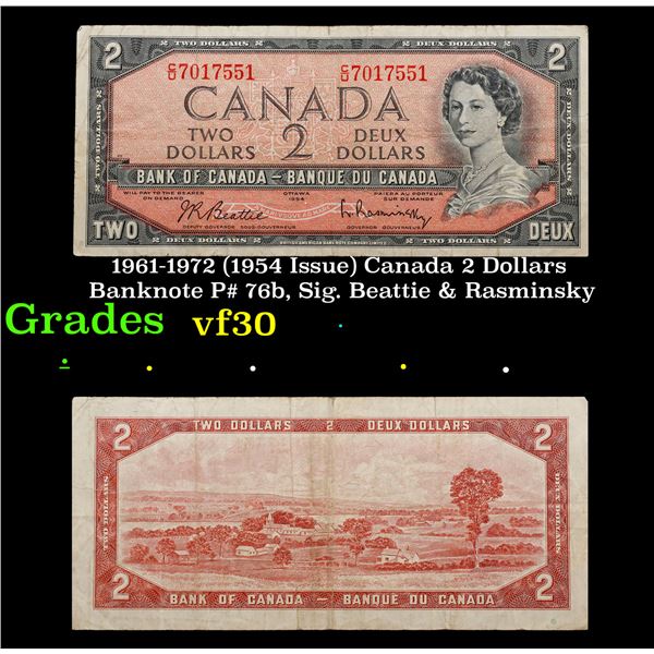 1961-1972 (1954 Issue) Canada 2 Dollars Banknote P# 76b, Sig. Beattie & Rasminsky Grades vf++