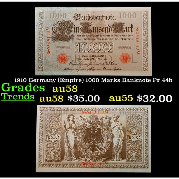 1910 Germany (Empire) 1000 Marks Banknote P# 44b Grades Choice AU/BU Slider
