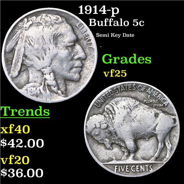 1914-d Buffalo Nickel 5c Grades vf+
