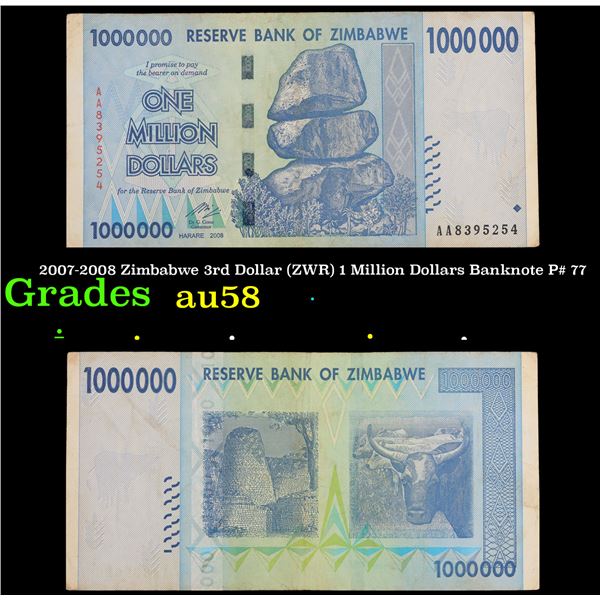 2007-2008 Zimbabwe 3rd Dollar (ZWR) 1 Million Dollars Banknote P# 77 Grades Choice AU/BU Slider