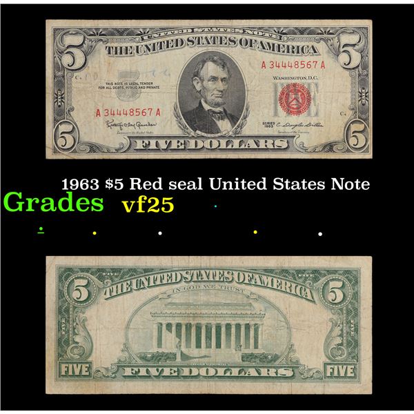 1963 $5 Red seal United States Note Grades vf+