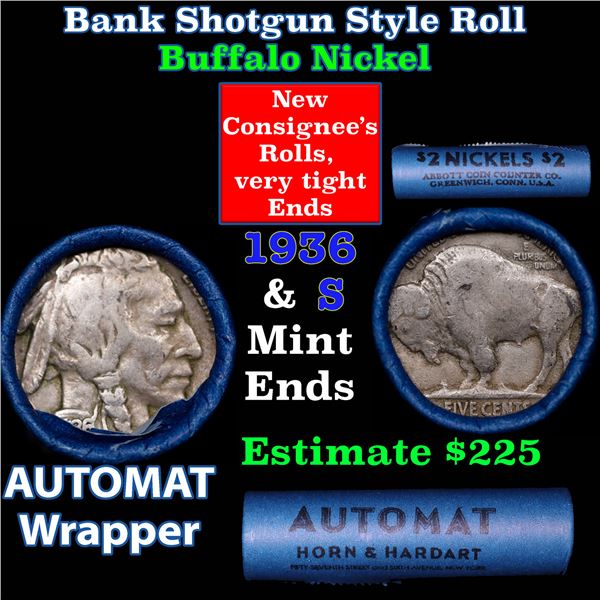 Buffalo Nickel Shotgun Roll in Old Bank Style 'Abbott Coin Counter AutoMat' Wrapper 1936 & s Mint En