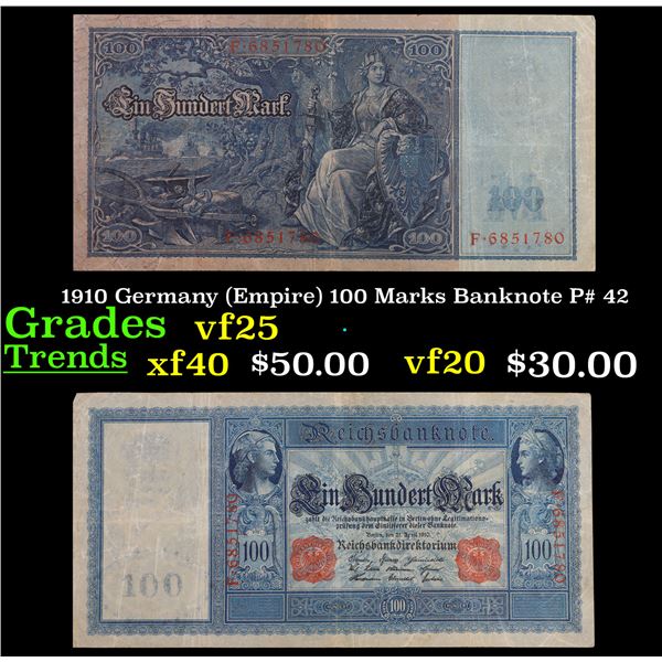 1910 Germany (Empire) 100 Marks Banknote P# 42 Grades vf+