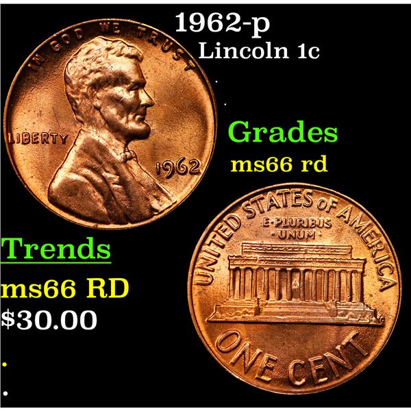 1962-p Lincoln Cent 1c Grades GEM+ Unc RD