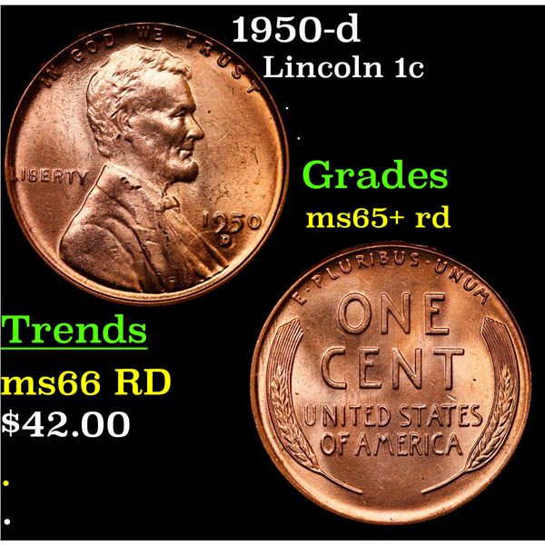 1950-d Lincoln Cent 1c Grades Gem+ Unc RD