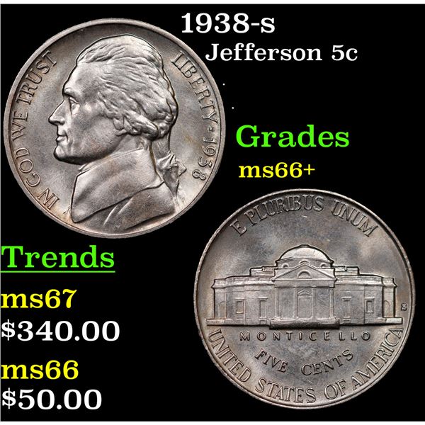 1938-p Jefferson Nickel 5c Grades GEM++ Unc