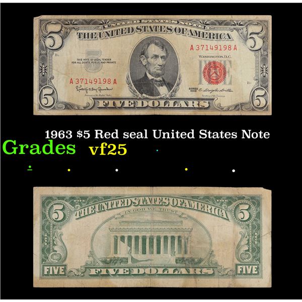 1963 $5 Red seal United States Note Grades vf+