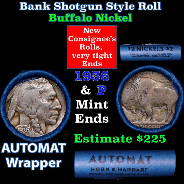 Buffalo Nickel Shotgun Roll in Old Bank Style 'Abbott Coin Counter AutoMat' Wrapper 1936 & p Mint En