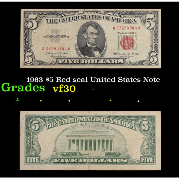 1963 $5 Red seal United States Note Grades vf++