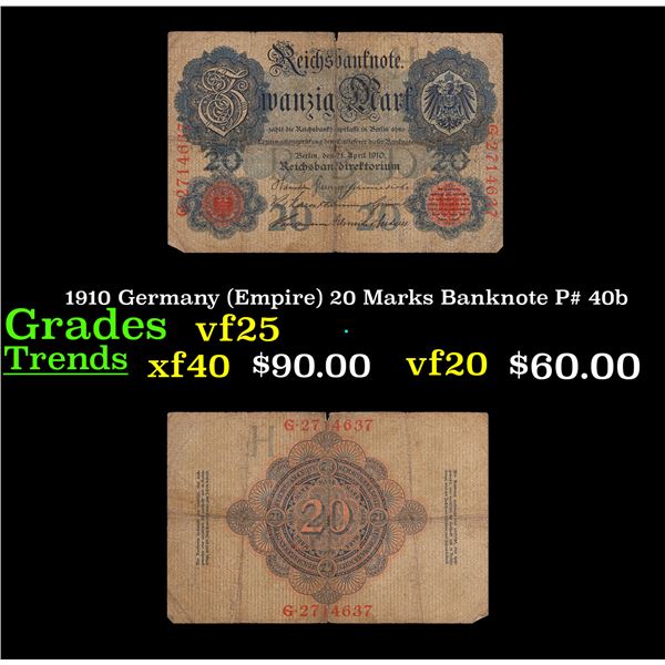 1910 Germany (Empire) 20 Marks Banknote P# 40b Grades vf+