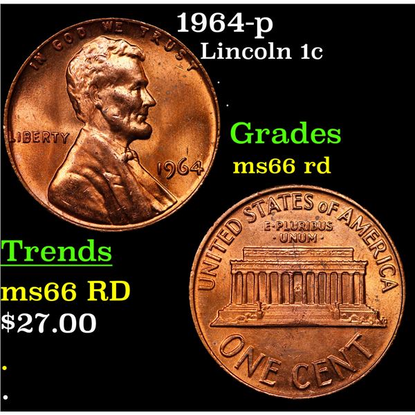 1964-p Lincoln Cent 1c Grades GEM+ Unc RD