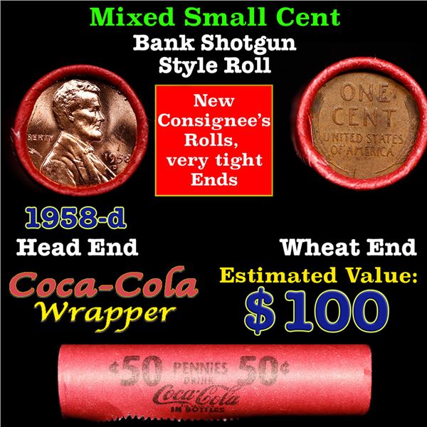 Mixed small cents 1c orig shotgun roll, 1958-d Lincoln Cent, Wheat Cent other end, Coca Cola Brandt 