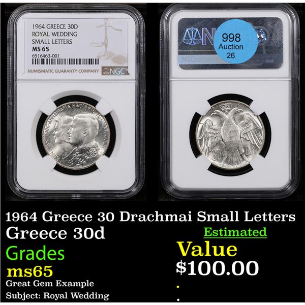 NGC 1964 Greece 30 Drachmai Small Letters Graded ms65 By NGC