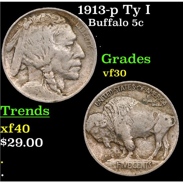 1913-p Ty I Buffalo Nickel 5c Grades vf++