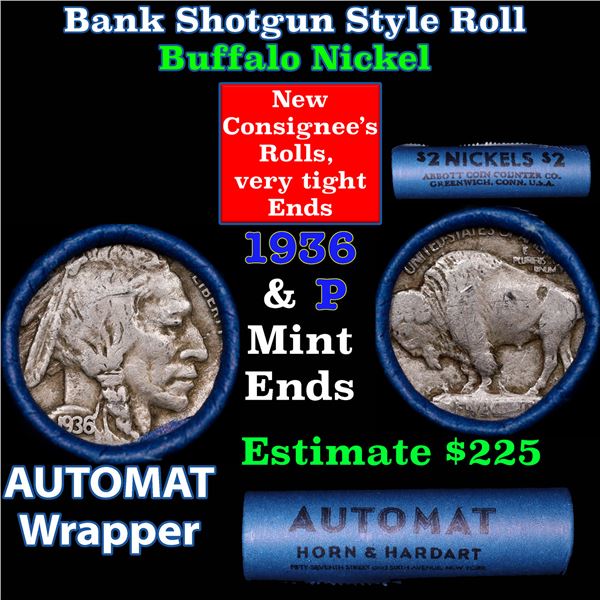 Buffalo Nickel Shotgun Roll in Old Bank Style 'Abbott Coin Counter AutoMat' Wrapper 1936 & p Mint En