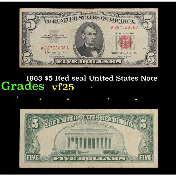 1963 $5 Red seal United States Note Grades vf+