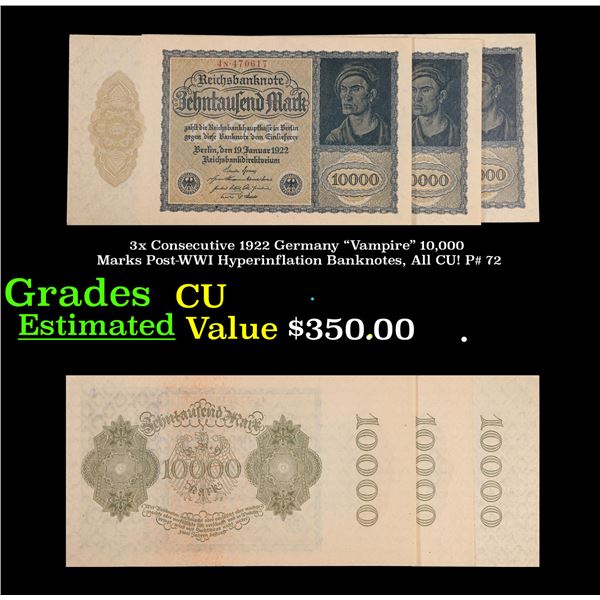 3x Consecutive 1922 Germany "Vampire" 10,000 Marks Post-WWI Hyperinflation Banknotes, All CU! P# 72 