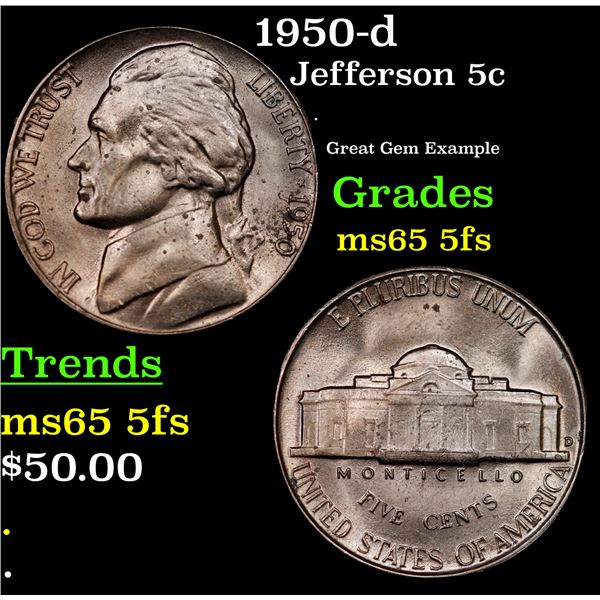 1950-d Jefferson Nickel 5c Grades GEM 5fs