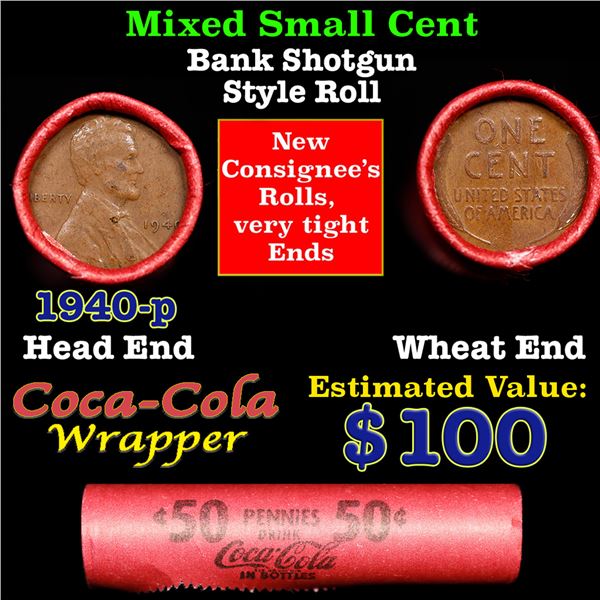 Mixed small cents 1c orig shotgun roll, 1940-p Lincoln Cent, Wheat Cent other end, Coca Cola Brandt 