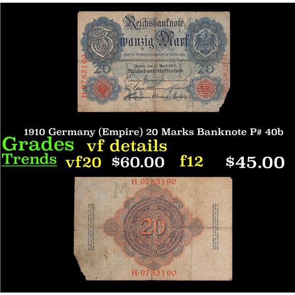 1910 Germany (Empire) 20 Marks Banknote P# 40b Grades vf details