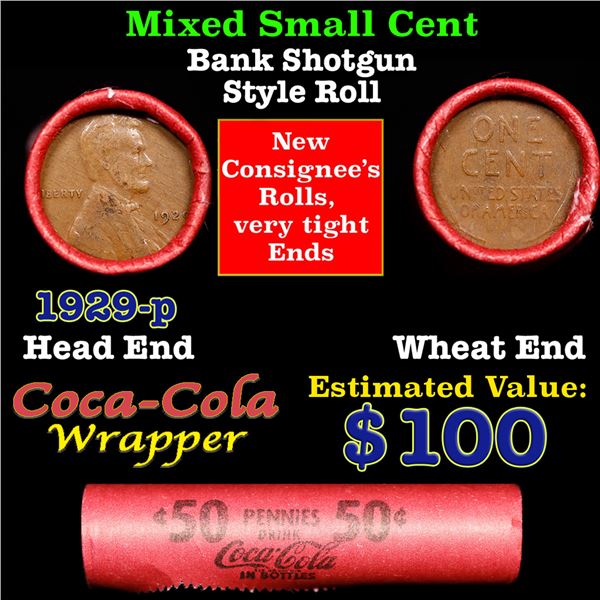 Mixed small cents 1c orig shotgun roll, 1929-p Lincoln Cent, Wheat Cent other end, Coca Cola Brandt 