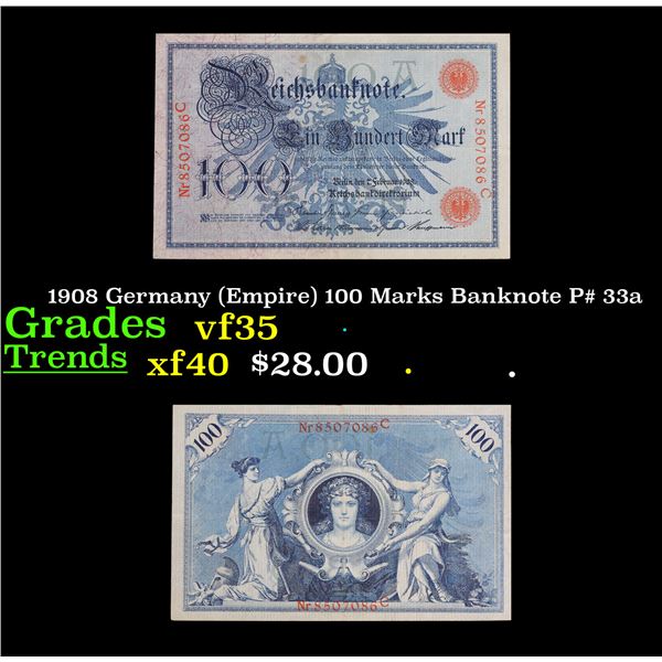 1908 Germany (Empire) 100 Marks Banknote P# 33a Grades vf++